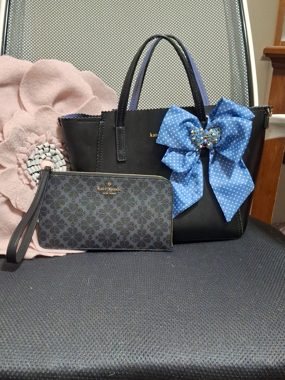 kate spade Black and Blue Tote with Blue Bow Accent and Matching Wristlet